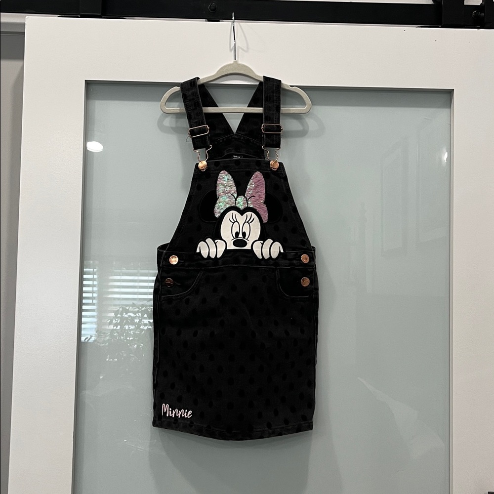 Disney Black Polka Dot Jean Overalls with Mini Pink Bow, Size 6/7